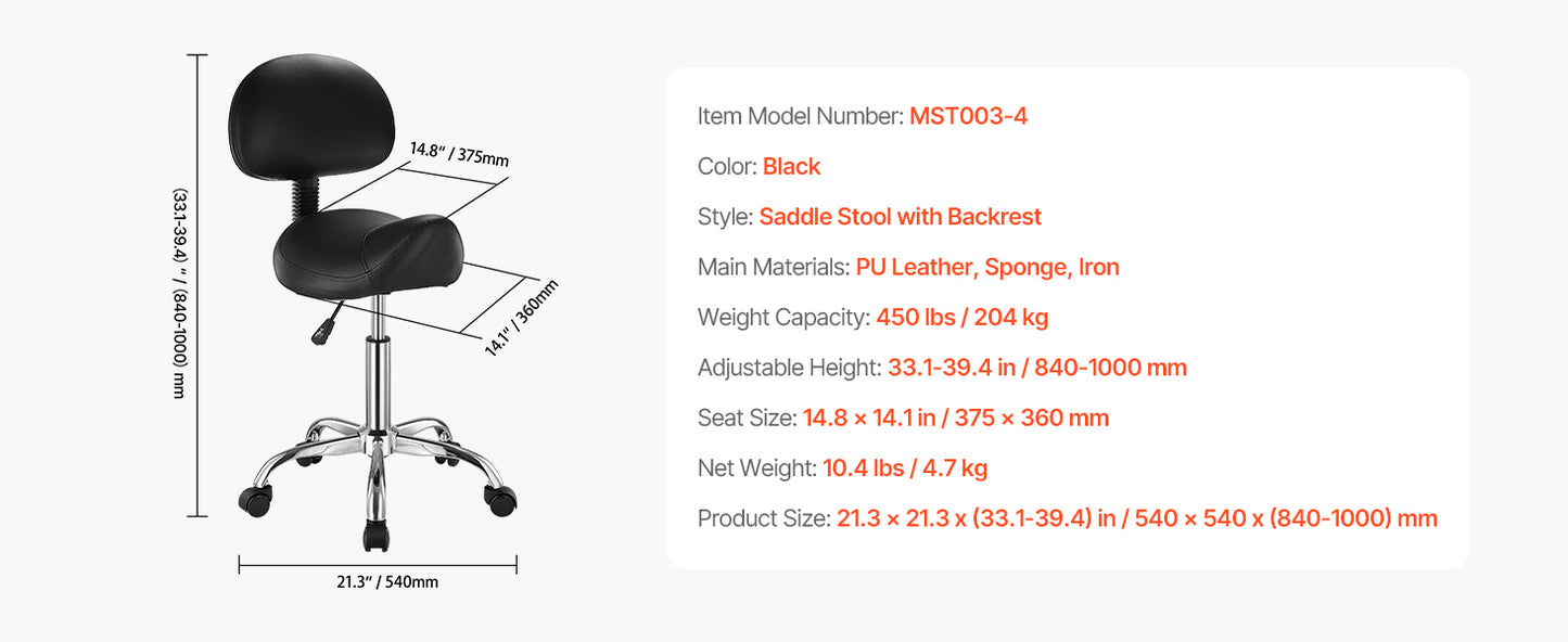 VEVOR Saddle Stool w/ Wheels 450 LBS Weight Capacity Height Adjustable Ergonomic Swivel Saddle Chair for Salon Spa Tattoo Clinic