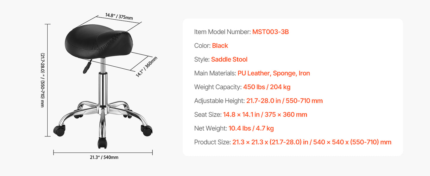 VEVOR Saddle Stool w/ Wheels 450 LBS Weight Capacity Height Adjustable Ergonomic Swivel Saddle Chair for Salon Spa Tattoo Clinic