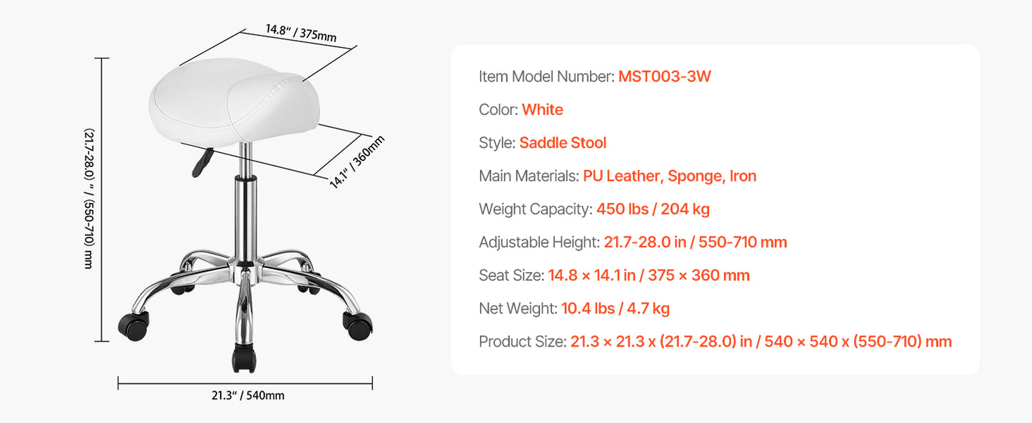 VEVOR Saddle Stool w/ Wheels 450 LBS Weight Capacity Height Adjustable Ergonomic Swivel Saddle Chair for Salon Spa Tattoo Clinic