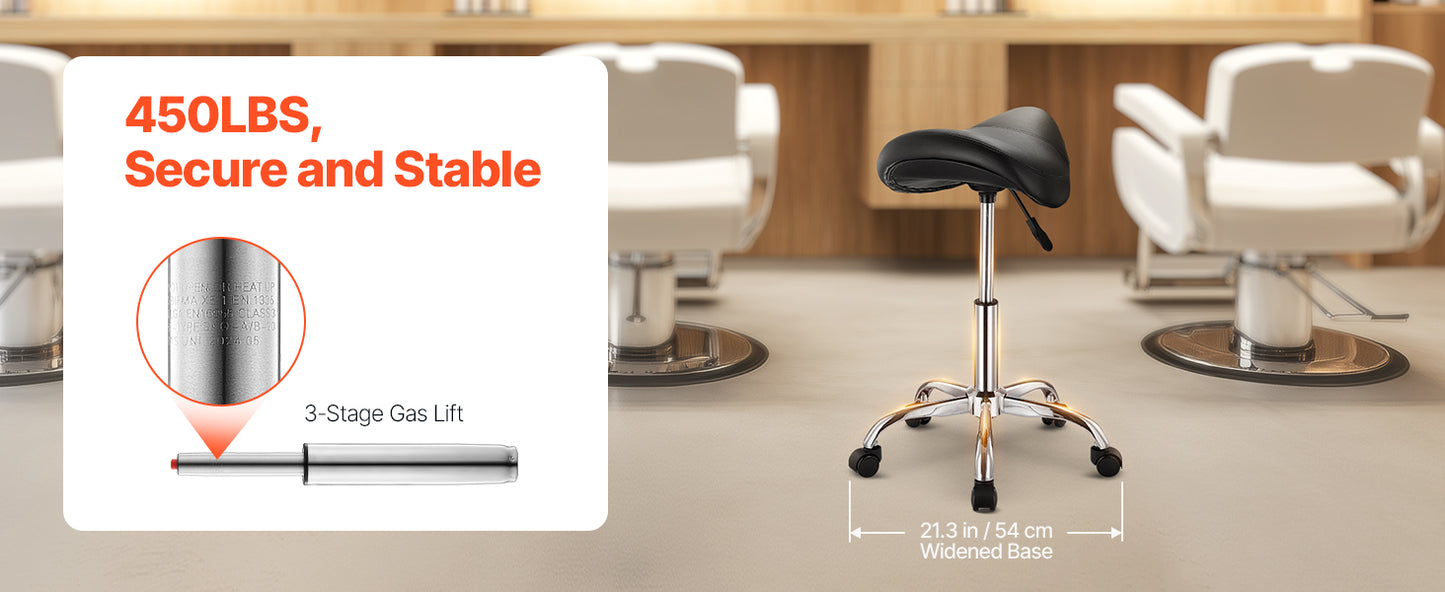VEVOR Saddle Stool w/ Wheels 450 LBS Weight Capacity Height Adjustable Ergonomic Swivel Saddle Chair for Salon Spa Tattoo Clinic