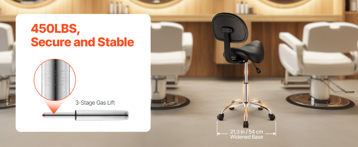 VEVOR Saddle Stool w/ Wheels 450 LBS Weight Capacity Height Adjustable Ergonomic Swivel Saddle Chair for Salon Spa Tattoo Clinic