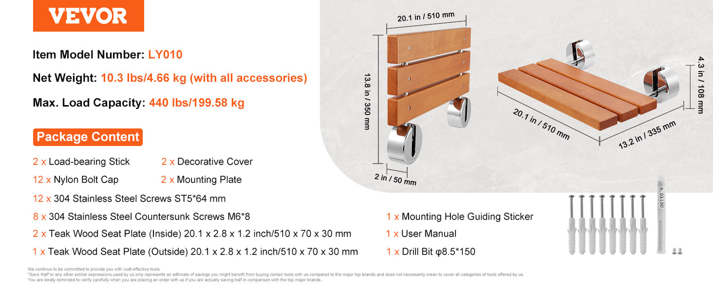 VEVOR Folding Shower Seat Wall Mounted Fold Up Shower Bench   Space Saving Home Care Fold Down Shower Chair for Pregnant Women