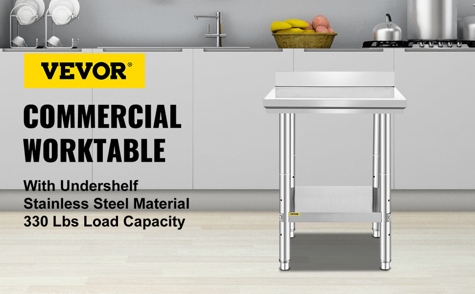 VEVOR Kitchen Work Bench Commercial Catering Table Worktable with Undershelf Stainless Steel 330LBS 286LBS for Restaurant Garage