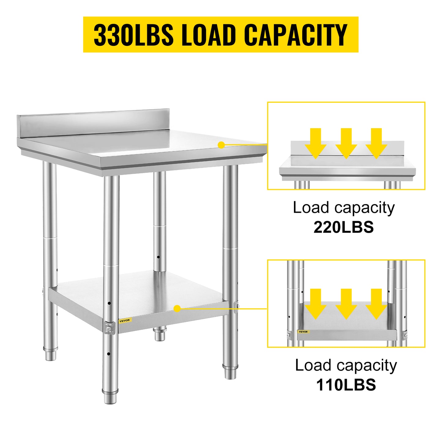 VEVOR Kitchen Work Bench Commercial Catering Table Worktable with Undershelf Stainless Steel 330LBS 286LBS for Restaurant Garage