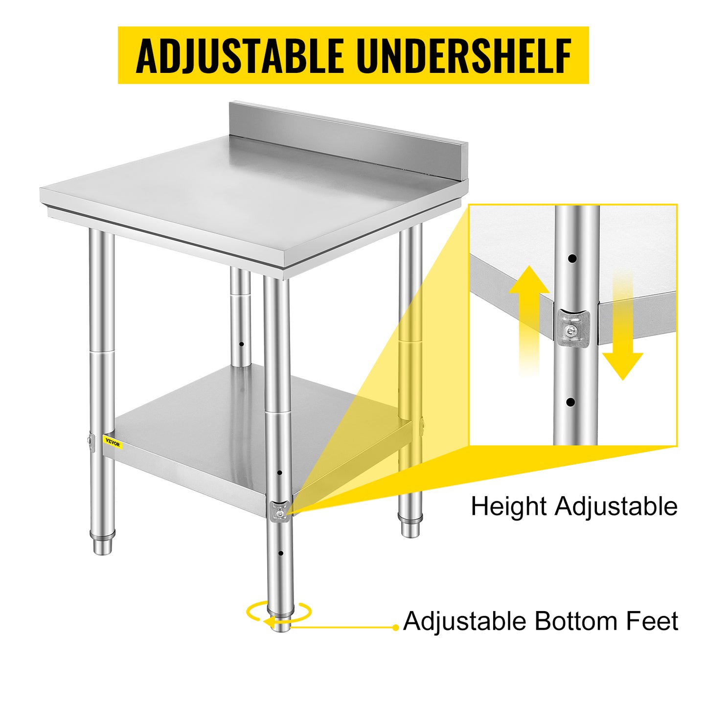VEVOR Kitchen Work Bench Commercial Catering Table Worktable with Undershelf Stainless Steel 330LBS 286LBS for Restaurant Garage