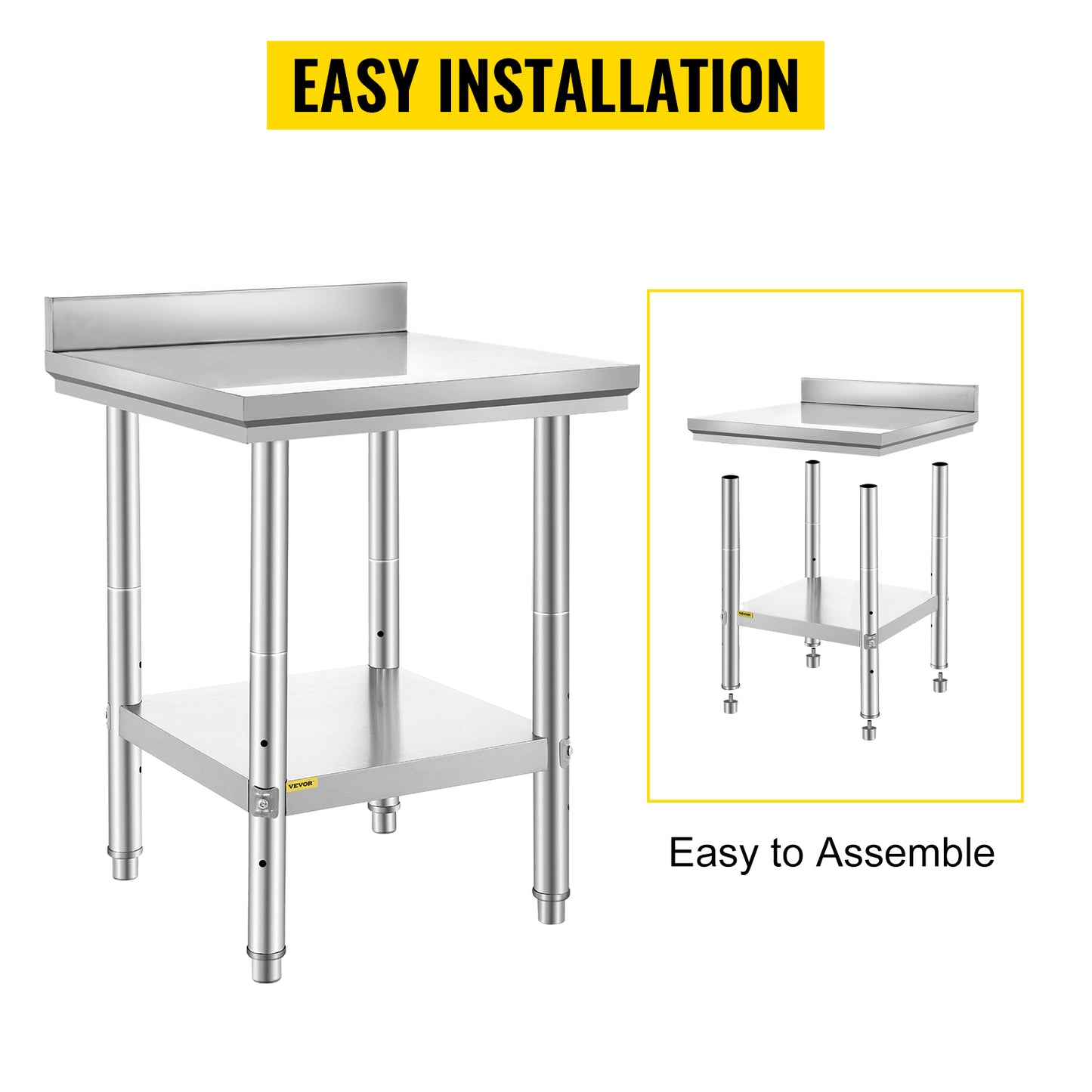 VEVOR Kitchen Work Bench Commercial Catering Table Worktable with Undershelf Stainless Steel 330LBS 286LBS for Restaurant Garage