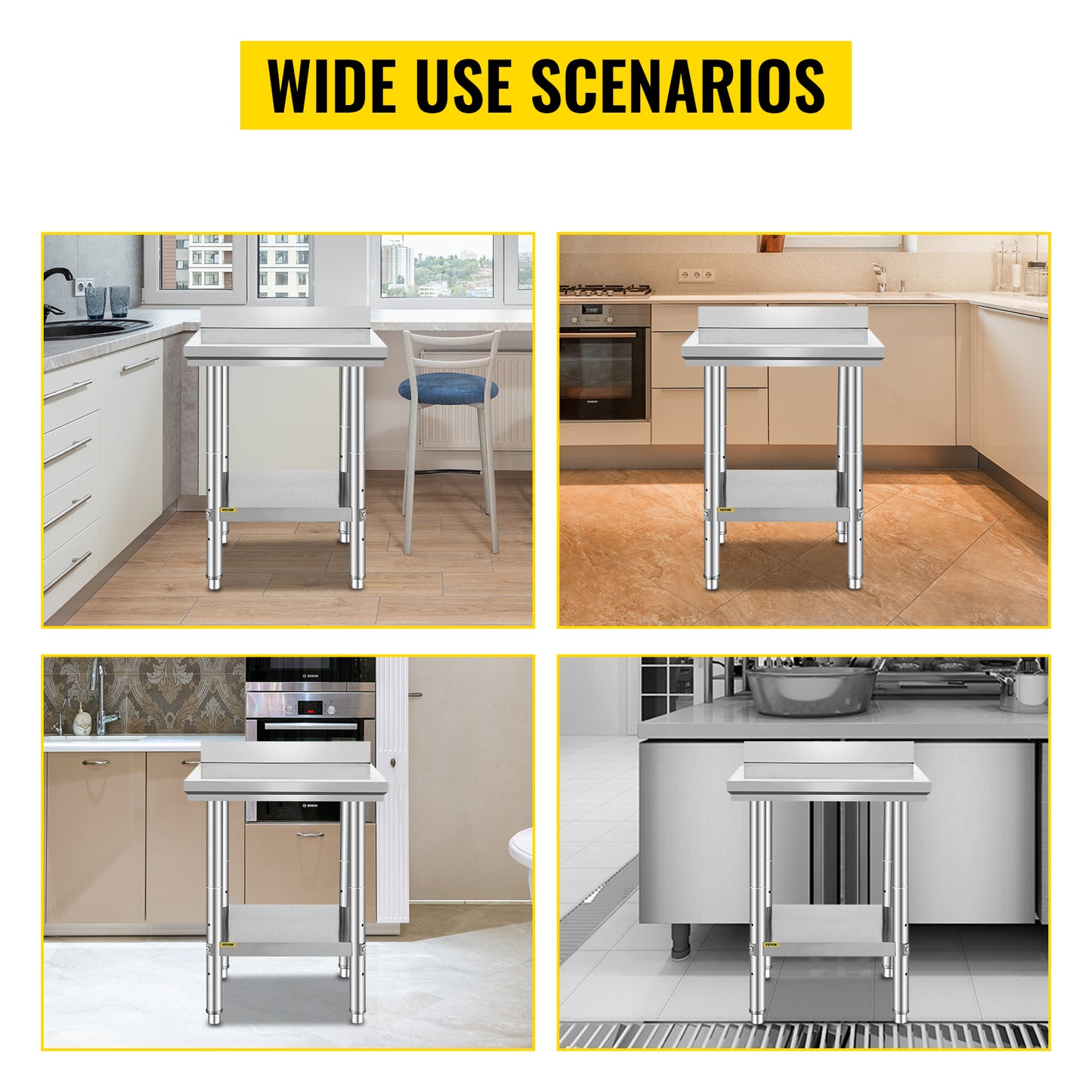 VEVOR Kitchen Work Bench Commercial Catering Table Worktable with Undershelf Stainless Steel 330LBS 286LBS for Restaurant Garage