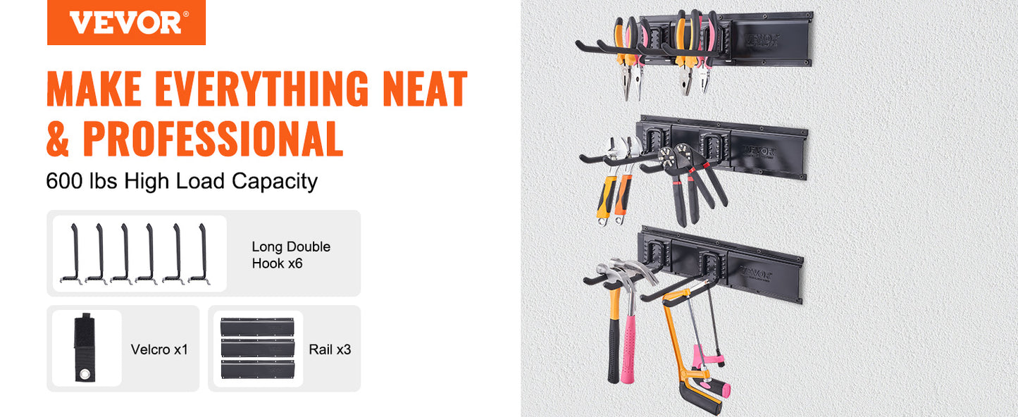 VEVOR Garage Tool Organizer Wall Mount Yard Garden Heavy Duty Storage Rack with Adjustable Hooks Rails for Shovels Trimmers Hose