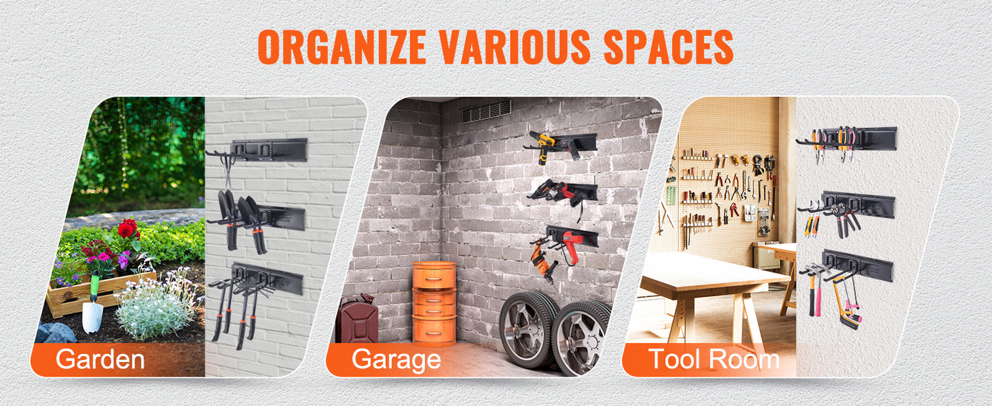 VEVOR Garage Tool Organizer Wall Mount Yard Garden Heavy Duty Storage Rack with Adjustable Hooks Rails for Shovels Trimmers Hose