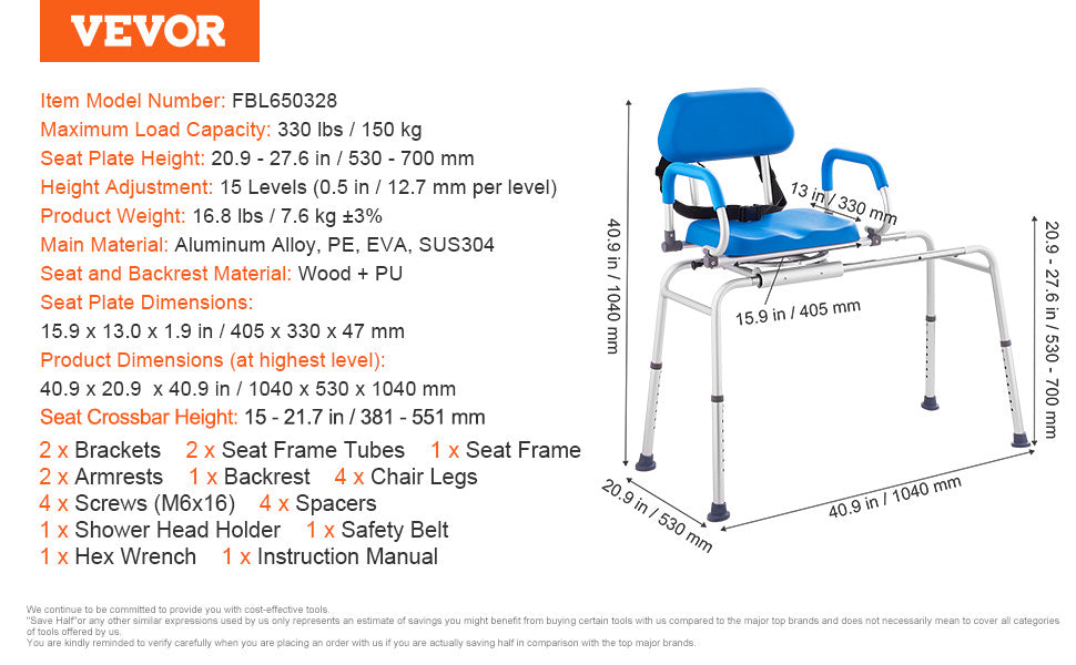 VEVOR Sliding Tub Transfer Bench with 360 Degree Swivel Seat Safety Belt Height Adjustable Bath Chair for Elderly Disabled 330LB