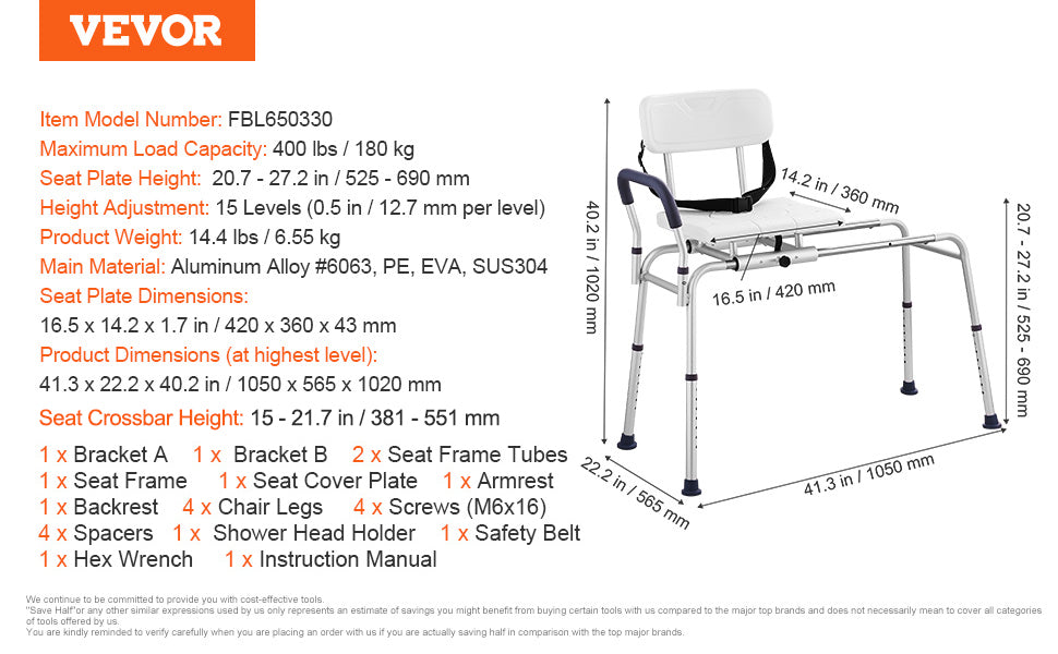 VEVOR Sliding Tub Transfer Bench with 360 Degree Swivel Seat Safety Belt Height Adjustable Bath Chair for Elderly Disabled 330LB