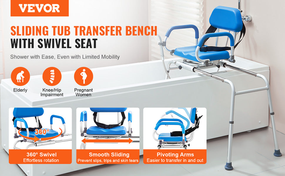 VEVOR Sliding Tub Transfer Bench with 360 Degree Swivel Seat Safety Belt Height Adjustable Bath Chair for Elderly Disabled 330LB