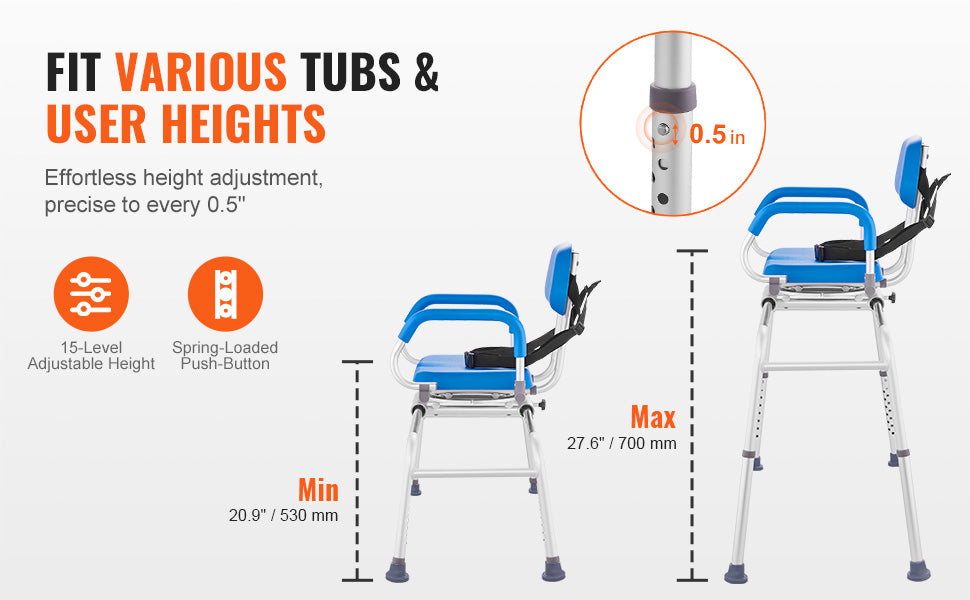 VEVOR Sliding Tub Transfer Bench with 360 Degree Swivel Seat Safety Belt Height Adjustable Bath Chair for Elderly Disabled 330LB