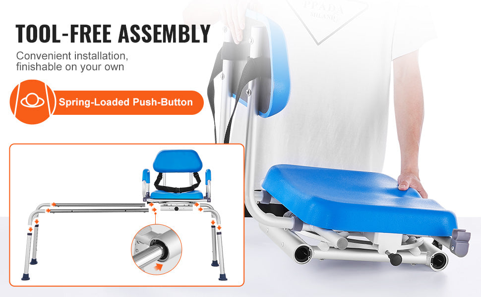 VEVOR Sliding Tub Transfer Bench with 360 Degree Swivel Seat Safety Belt Height Adjustable Bath Chair for Elderly Disabled 330LB